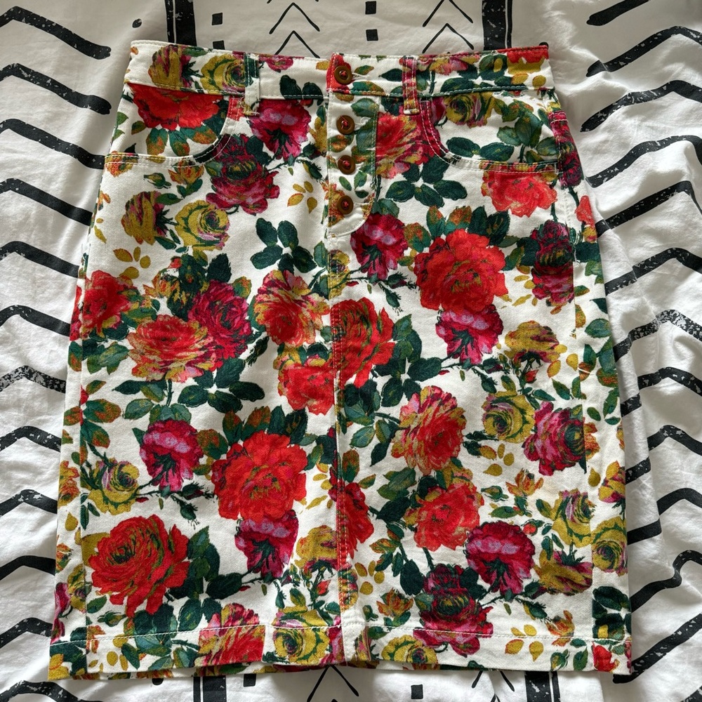 Anthropologie Floral Denim Skirt